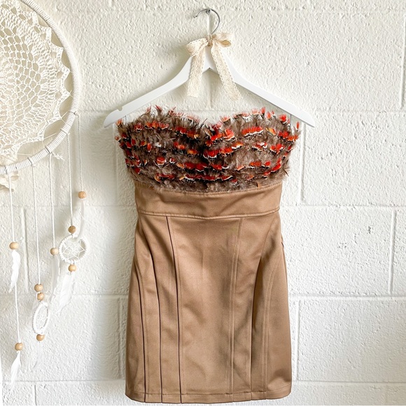 NWOT Strapless Golden Brown Feather Bust Mini Dress - Picture 3 of 12